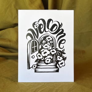 Blank greeting card with envelope, Handmade card, Linocut print art | Welcome Neighbour