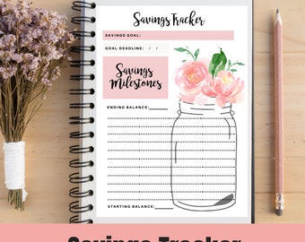May include: A printable savings tracker with a floral design. The tracker includes sections for savings goals, deadlines, milestones, starting balance, and ending balance. The design features a mason jar with flowers.