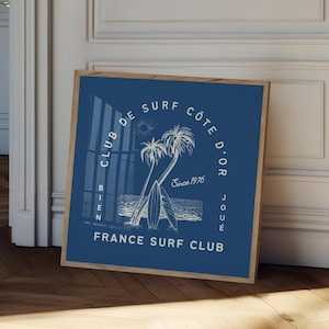 Decoración de casa de playa costera azul / Arte mural francés / Arte mural de surf vintage / Póster francés minimalista vintage / Impresión digital de surf