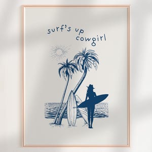 Coastal Cowgirl Wall Art, Blue Coastal Wall Art Print, Beachy Room Decor, Dopamine Decor, Beachy Wall Art, Ocean Surfer Girl Preppy Wall Art