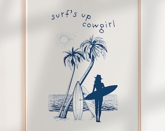 Coastal Cowgirl Wall Art, Blue Coastal Wall Art Print, Beachy Room Decor, Dopamine Decor, Beachy Wall Art, Ocean Surfer Girl Preppy Wall Art