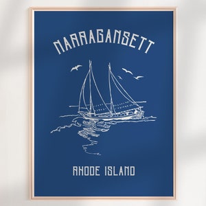 Blaues Narragansett Wandkunst Rhode Island Plakat, Küstennautische Wandkunst, Narragansett Druck RI Rhode Island Geschenk, blaues Wohnungsdekor