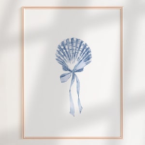 Coquette Sea Shell Print Blue Seashell Wall Art, Seashell Art Prints Blue Bow Coastal Cowgirl Beach House Decor, Trendy Coastal Wall Art