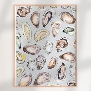 Coastal Oysters Wall Art, Oyster Oil Painting, Beach House Decor, Watercolor Dining Room Print, Digital Oysters Print, Blue Kitchen Wall Art