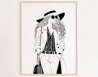 Fashion woman wall art printable luxury fashion poster black and white sketch line art style designer fashion print ink minimalist wall art