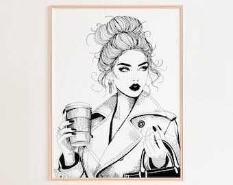 Fashion woman wall art coffee to go printable luxury fashion poster sketch line art style designer fashion print minimalist wall art