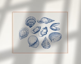 Seashell Wall Art, Oyster Wall Art Print, Horizontal Blue Kitchen Wall Art, Coastal Poster Beach House Decor, Summer Trendy Coastal Prints