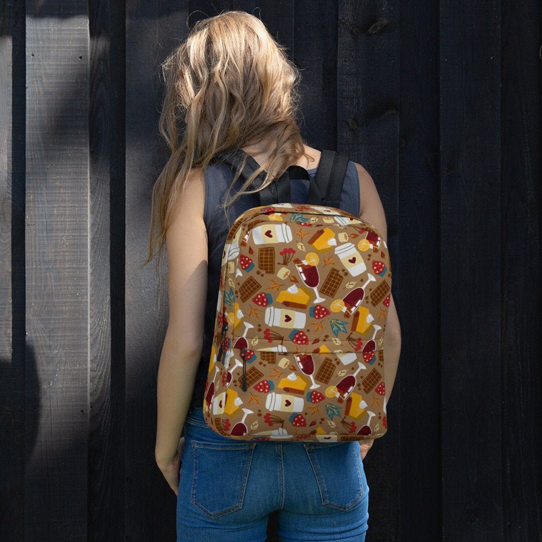 Unique Autumn Backpack. Fall Rucksack With Pumpkin Pie, Coffee