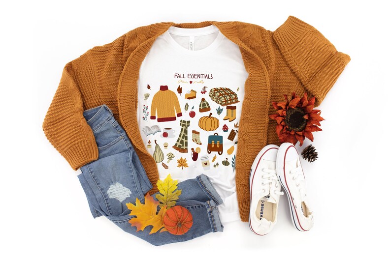 Unique Fall Essentials t shirt. Autumn graphic tee with orange pumpkin, cozy sweater, fall leaves art for her. Unique fall shirt for women.