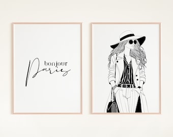 Fashion wall art set of 2 France Paris printable luxury fashion poster sketch line art style designer fashion print ink minimalist wall art