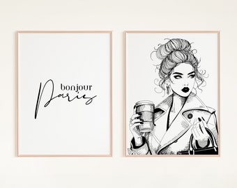 Fashion wall art set of 2 woman coffee to go France Paris printable luxury poster sketch line art designer fashion print minimalist wall art
