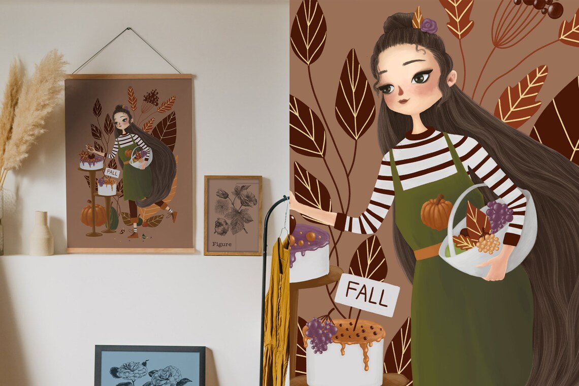 Fall print wall art with baker girl, cakes, cheesecakes, autumn leaves, flowers. Unique autumn wall art Thanksgiving art for bakery, kitchen