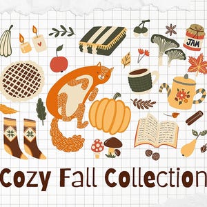 Cozy Fall Clipart, Autumn Hygge Stickers, Autumn Illustration Sublimation PNG, Hand Drawn Pumpkin PNG, Fashion Digital Planner Sticker PNG