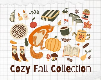 Clipart de otoño acogedor, pegatinas hygge otoñales, ilustración otoñal sublimada PNG, calabaza dibujada a mano PNG, pegatinas digitales de moda PNG