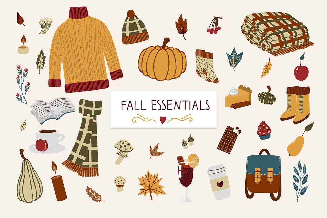 Fall clipart with orange sweater, pumpkins, autumn leaves, scarf, hot drink, pumpkin spice, pumpkin pie. Unique scrapbooking autumn clip art