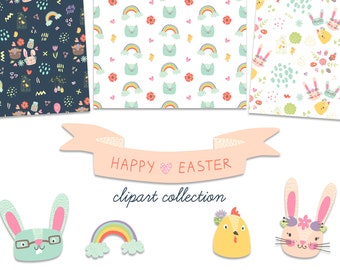 Cartoon Easter Clipart with bunny, eggs, basket, chicken and flowers. Digital Easter seamless patterns as Easter digital paper pack nursery