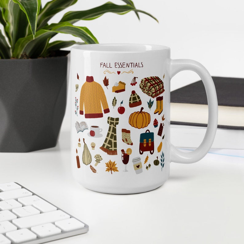 Unique Fall coffee mug. Autumn coffee mug with fall pumpkin spice pie, leaves, wine, sweater. Cozy fall mug — Thanksgiving fall gift for her