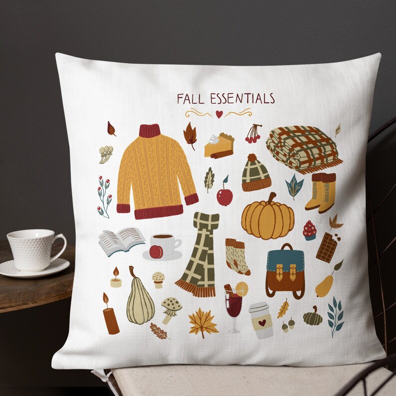Unique Fall Essentials pillow. Autumn pillow with fall farmhouse pattern as Thanksgiving gift for her. Cute Thanksgiving pillow home decor.