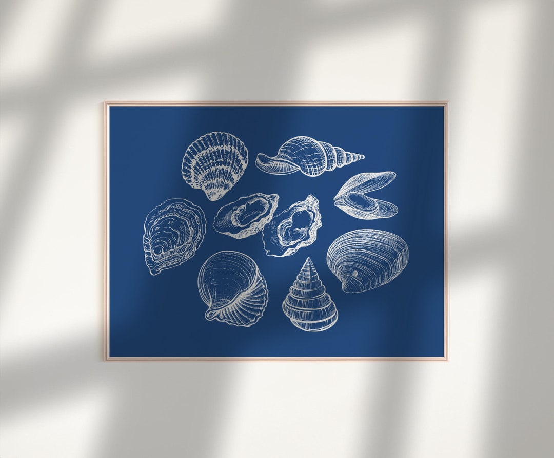 Blue Seashell Wall Art Print, Coastal Beach House Decor, Oyster Wall ...