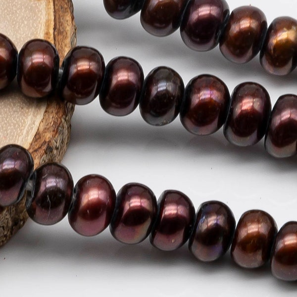 9-10mm Large Hole Bead in Chocolate Color, Freshwater Pearl Button Shape with 2.5mm Hole in 8 inch Strand for Jewelry Making, SKU # 1556FW