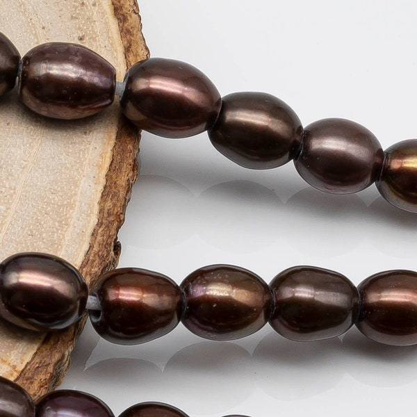 8-9mm Large Hole bead in Chocolate, Freshwater Pearl Rice Shape with 2.5mm Hole in 8 inch Strand for Jewelry Making, SKU # 1562FW