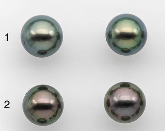 10-11mm Matching Pair Tahitian Pearl Round in High Luster with Blemish, Undrilled for Making Earring or Pendant, SKU # 2379TH