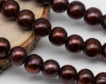 8-10mm Large Hole Bead in Bronze Color, Freshwater Pearl Round Shape with 2.5mm Hole in 8 inch Strand for Jewelry Making, SKU # 1558FW