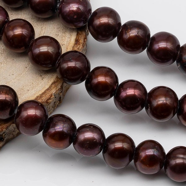 8-10mm Large Hole Bead in Bronze Color, Freshwater Pearl Round Shape with 2.5mm Hole in 8 inch Strand for Jewelry Making, SKU # 1558FW