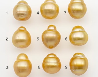 Perla de los Mares del Sur de 11-12 mm en color oro natural, forma de gota suelta, sin perforar para joyería. SKU n.° 2724GS