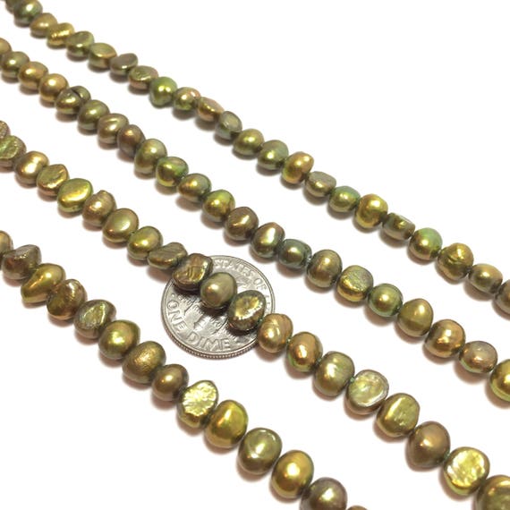 16/" Strand Light Olive Green Freshwater Pearl Off Round Beads 5.5mm-6mm
