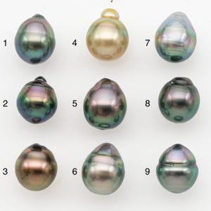 Op de afbeelding: Negen iriserende parels in verschillende vormen en kleuren worden getoond tegen een witte achtergrond. De parels variëren in kleur van goud tot groen tot zwart, met een glanzende glans. Elke parel heeft een unieke vorm, sommige druppelvormig en andere ronder.