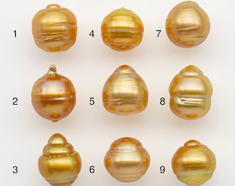 Perla de los Mares del Sur de 11-12 mm en color oro natural, forma de gota suelta, sin perforar para joyería. SKU n.° 2727GS