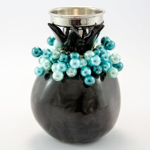 Black Ceramic Pomegranate Candle Holder with Pearlescent Blue Beads