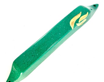 Modern Green Ceramic Mezuzah Case with Genuine Gold Shin