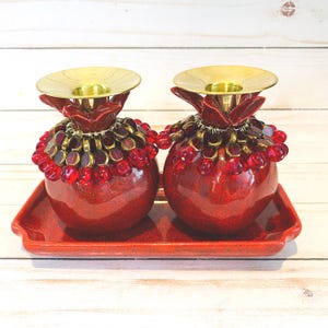 Ruby Glitter Pomegranate Candle Set Adorned with Beads and Chrome