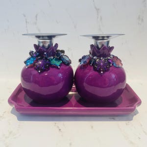 Purple and Silver Ceramic Pomegranate Candlesticks with Tray and Embellished with Czech Glass Carved Flower Beads