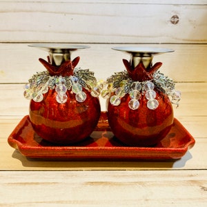 Roter Schimmer und Silber Keramik Granatapfel Kerzenständer mit Tablett