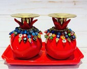 Red Evil Eye and Hamsa Ceramic Pomegranate Candlesticks with Tray