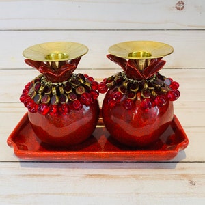 Ruby Glitter Granatapfel Kerzen Set mit Perlen und Chrom geschmückt