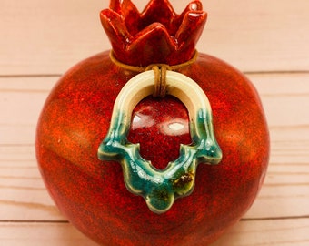 Glitter Glaze Ceramic Pomegranate with Ceramic Hamsa Details