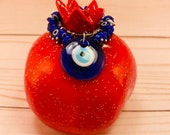 Red Speckled Glaze Ceramic Pomegranate with Cobalt Blue Evil Eye Beads and Pendant