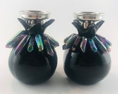 Black Glaze Ceramic Pomegranate Shabbat Candle Holder with Luster Quartz Crystal Stone