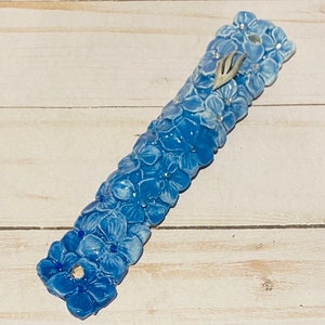 Blue Floral Mezuzah Case with Silver Shin and Bejewelled Flowers.