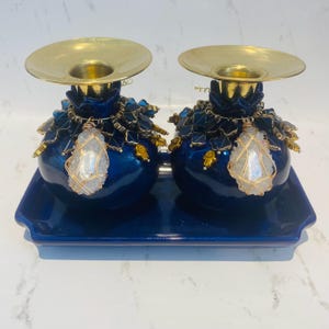 Blaue Glitzer-Glasur-Granatapfel-Kerzenständer mit Perlen, Glas und Hamsa-Perlenverzierungen