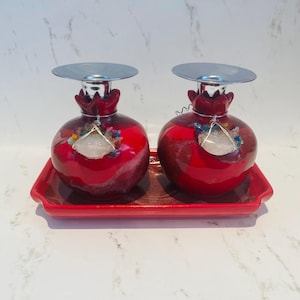 Red and Silver Glitter Glaze Pomegranate Candle Set with Tray, Embellished with Colourful Stone Beads