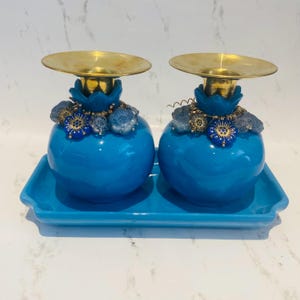 Bright Blue Glaze Pomegranate Candlesticks with Czech Flower Bead Embellishments
