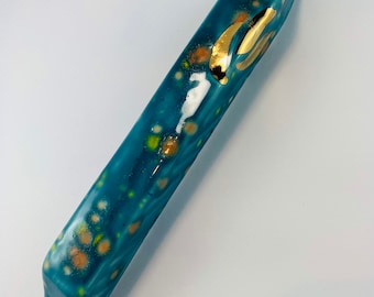 Modern Crystal Glaze Blue and Orange Ceramic Mezuzah Case with Genuine Gold Shin