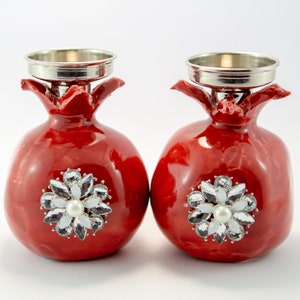 Bright Red Ceramic Pomegranate Candle Sticks with Mirror Bead & Pearl Medallion