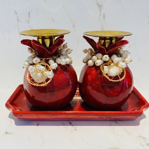 Garnet Glitter Glazed Handmade Ceramic Pomegranate Candlesticks with Matching Tray, Adorned with Natural Pearl and Gold Wire Pendants