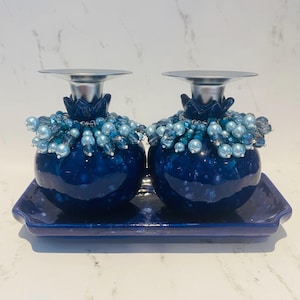 Blue Crystal Glaze Pomegranate Candlesticks with Blue Bead Embellishments